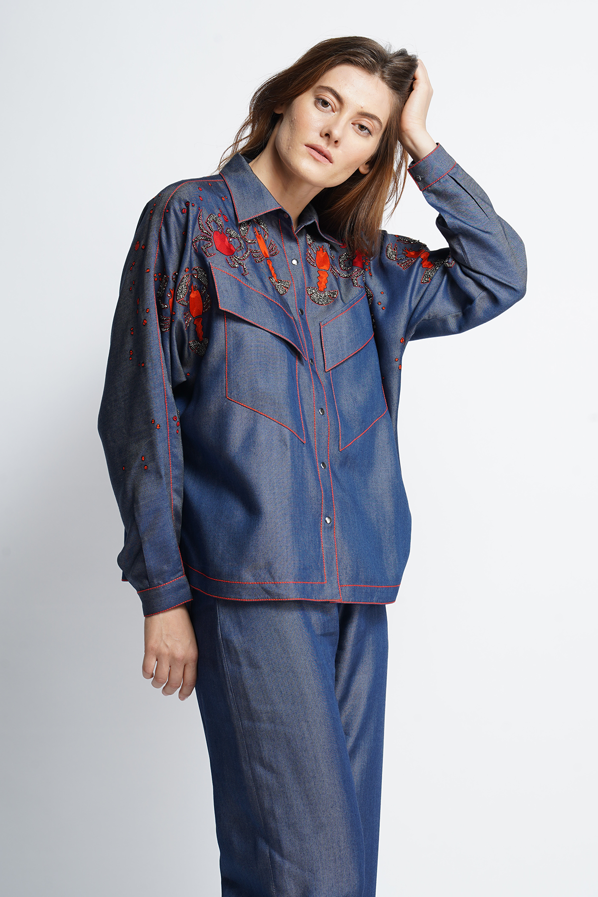 Crab And Prawns Slant Pocket Shirt With Matching Crop Flared Pants