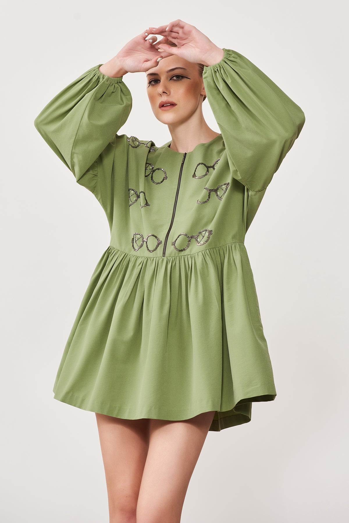 Time Vision Balloon Sleeves Gather Mini Dress