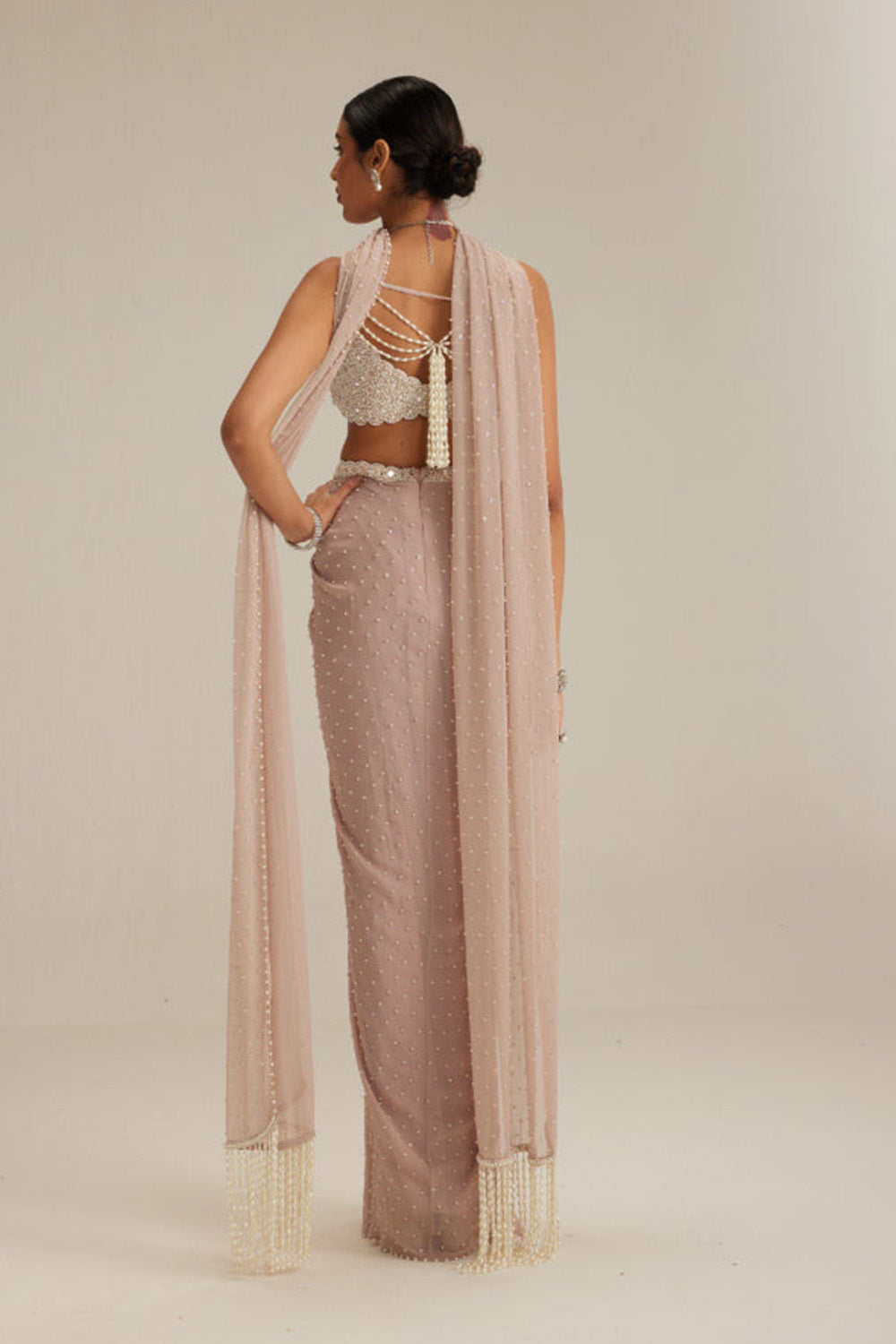 Ash pink Pearl Scattered draped skirt set