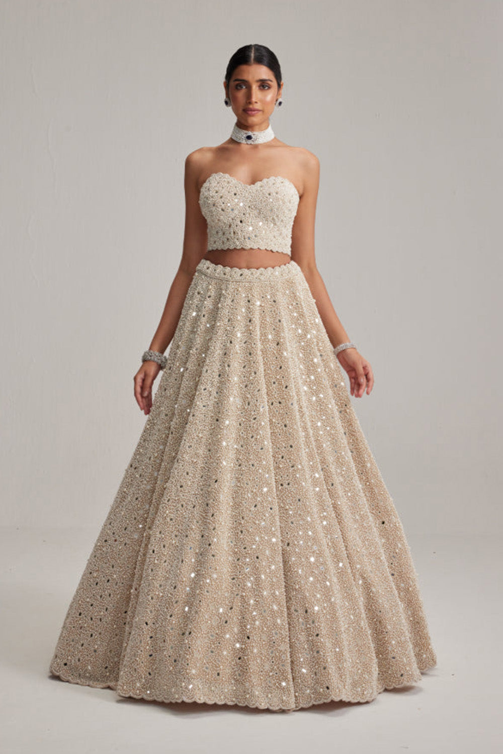Light Beige Dense mirror and pearl Corset lehenga set