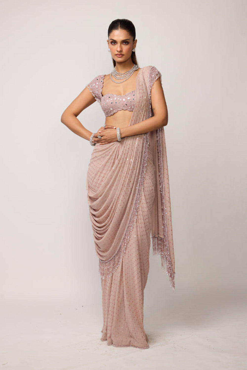 Ash Pink Sequins Embroidered Draped Saree Set