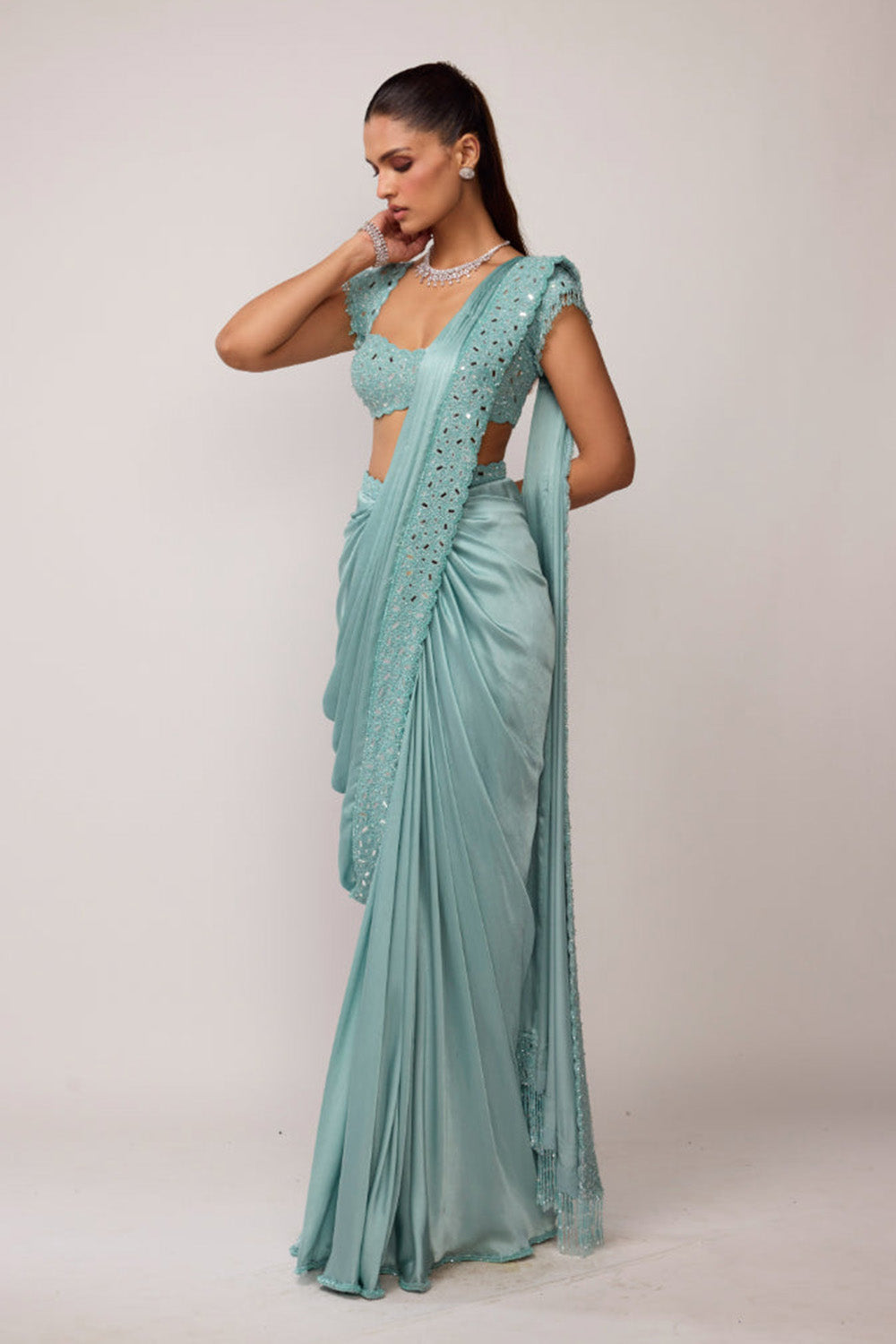 Powder Blue Draped Saree Set