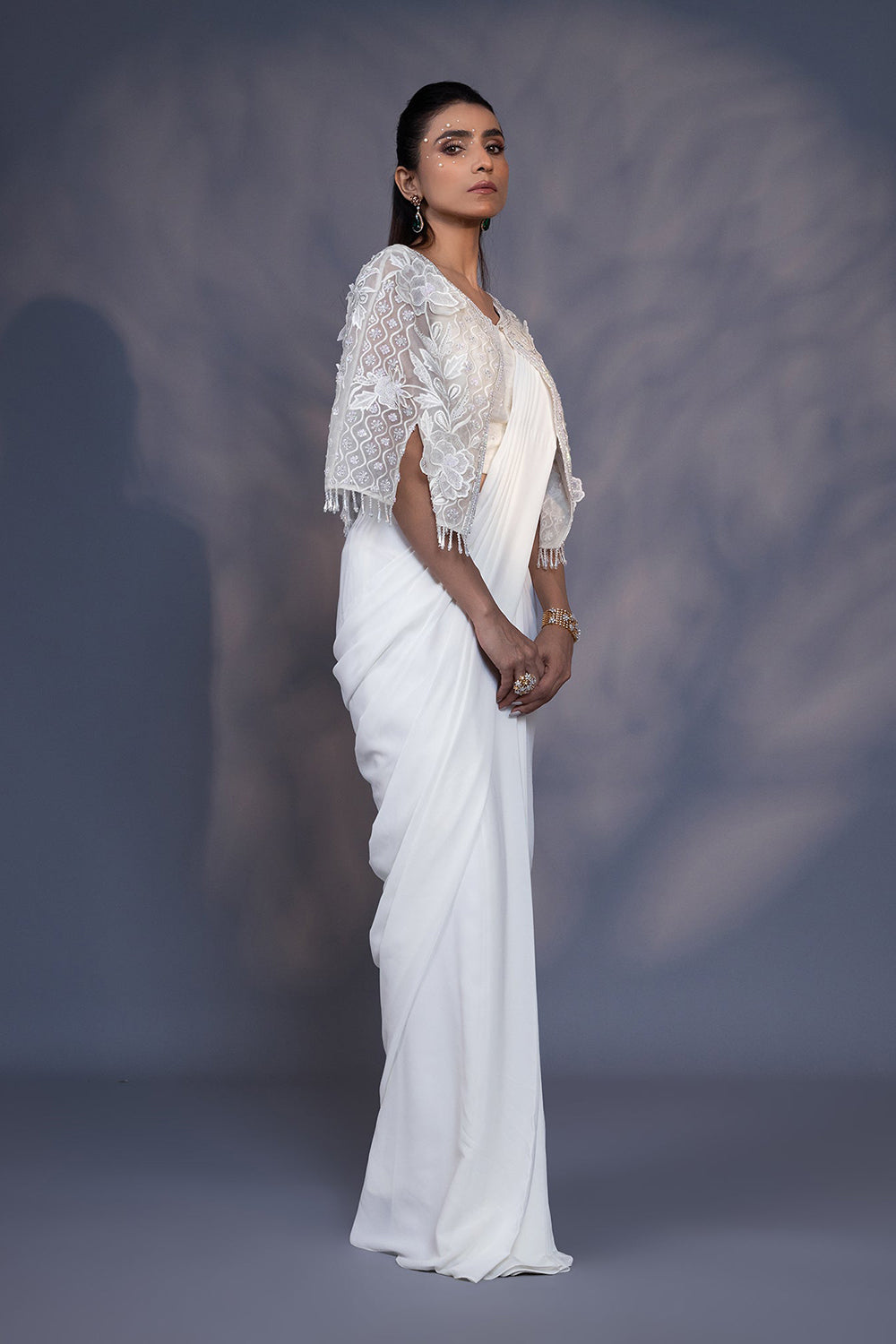 3D Embroidered Cape with Draped Saree and Blouse