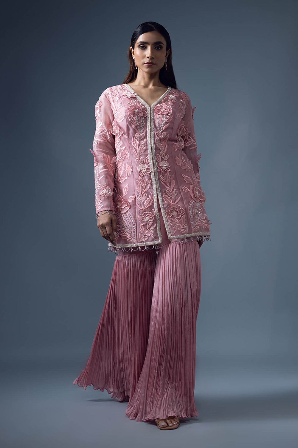 3D Embroidered Jacket with Rouched Garara Pants