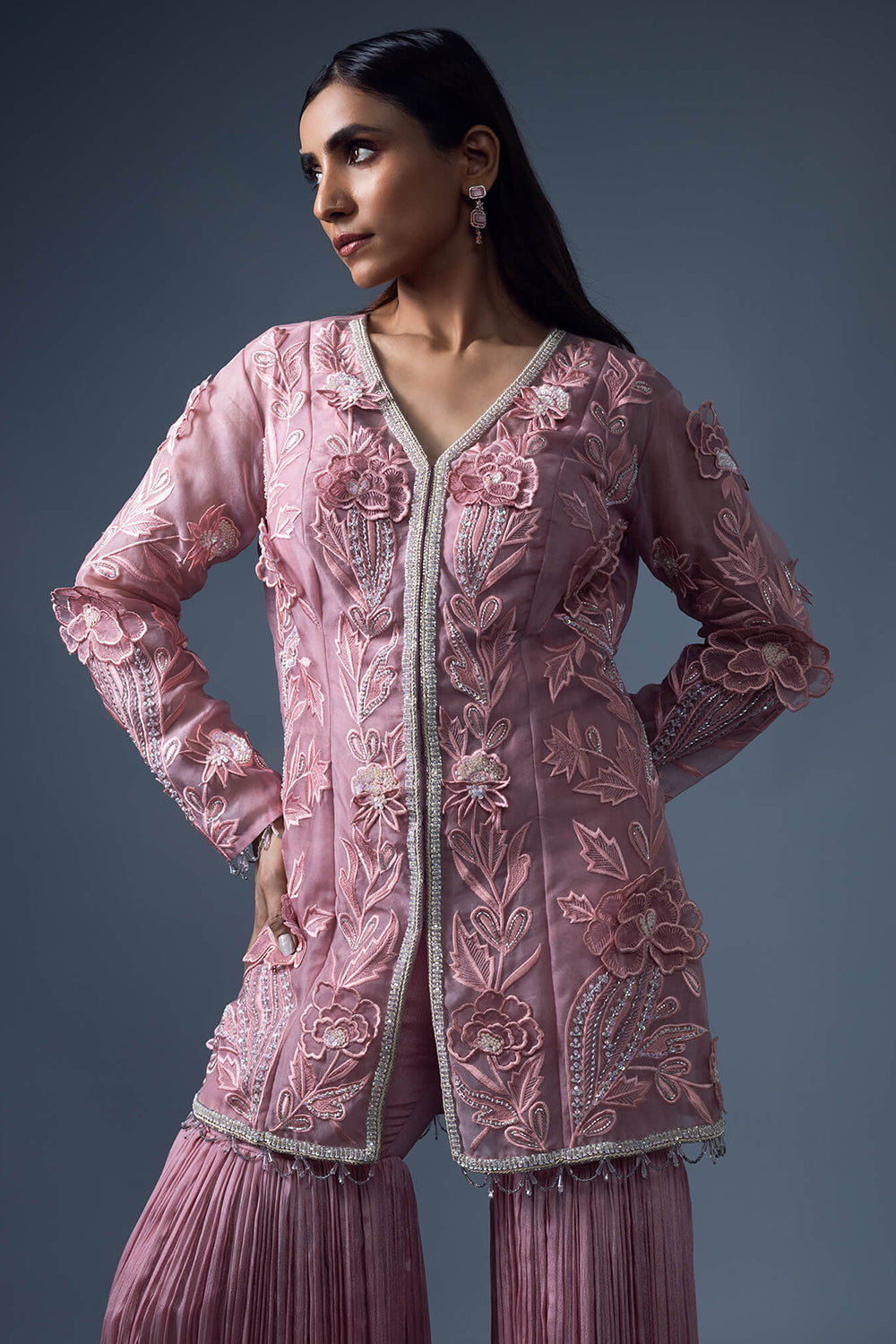 3D Embroidered Jacket with Rouched Garara Pants