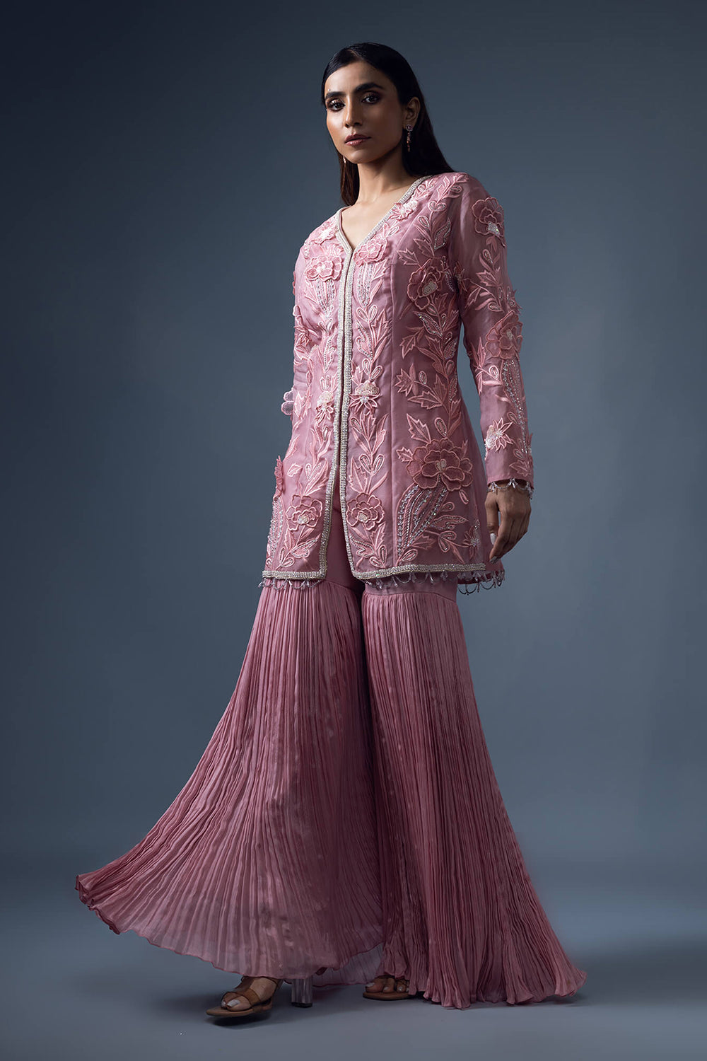 3D Embroidered Jacket with Rouched Garara Pants