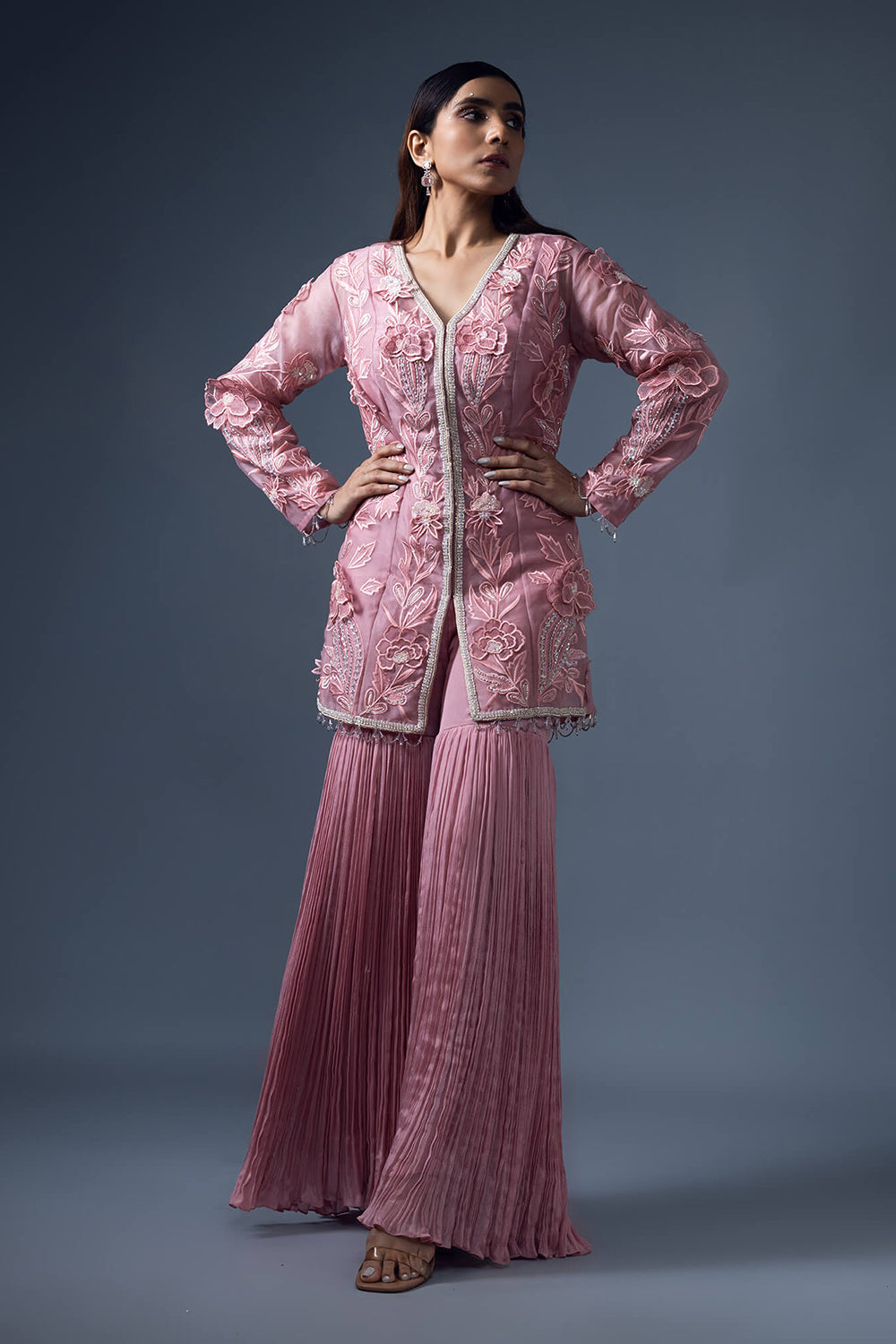 3D Embroidered Jacket with Rouched Garara Pants
