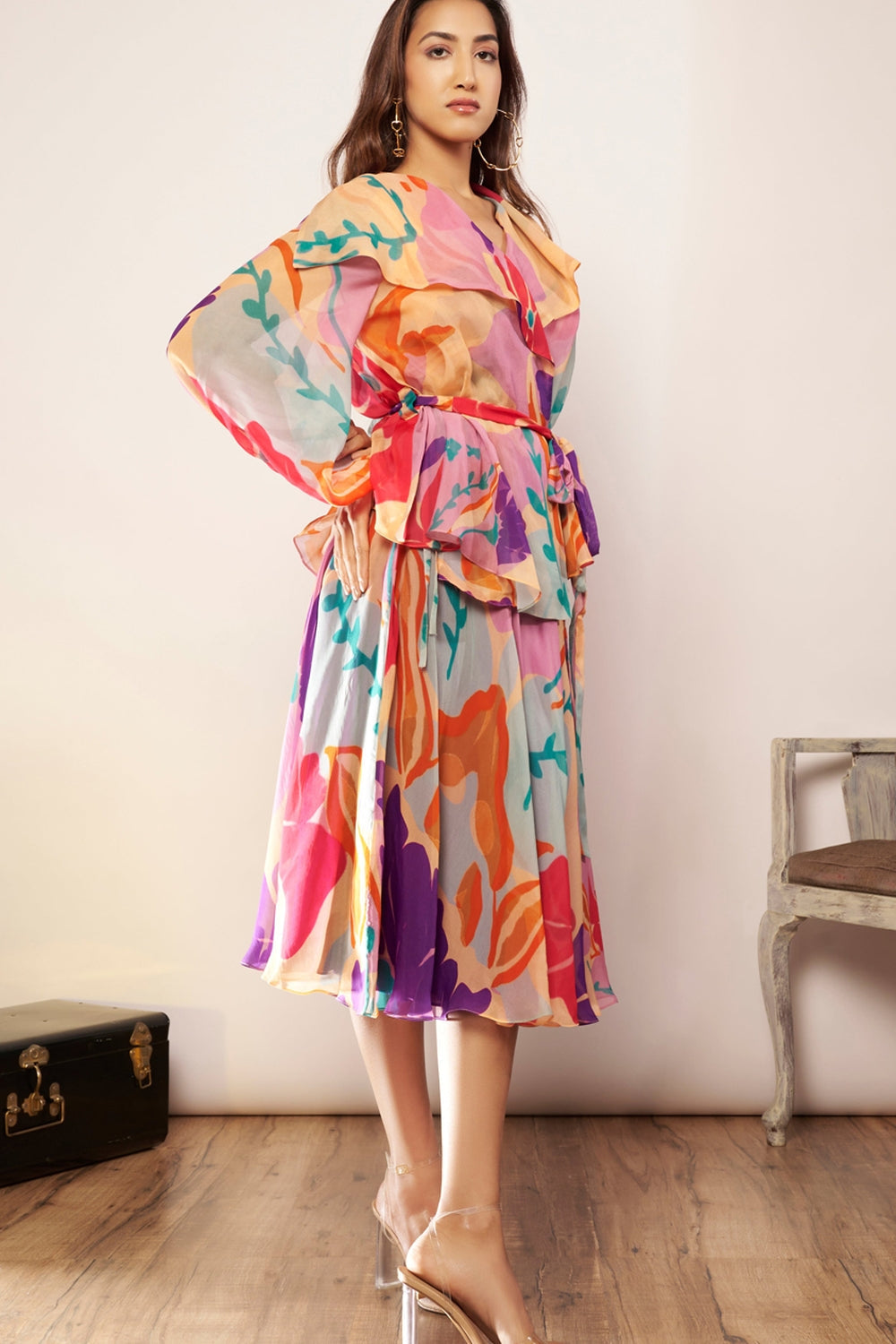 Peach Organza Flared Skirt