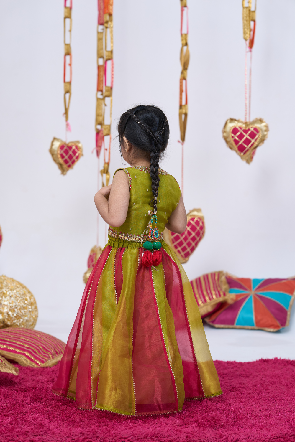 RED AND GREEN METAL WORK LEHENGA
