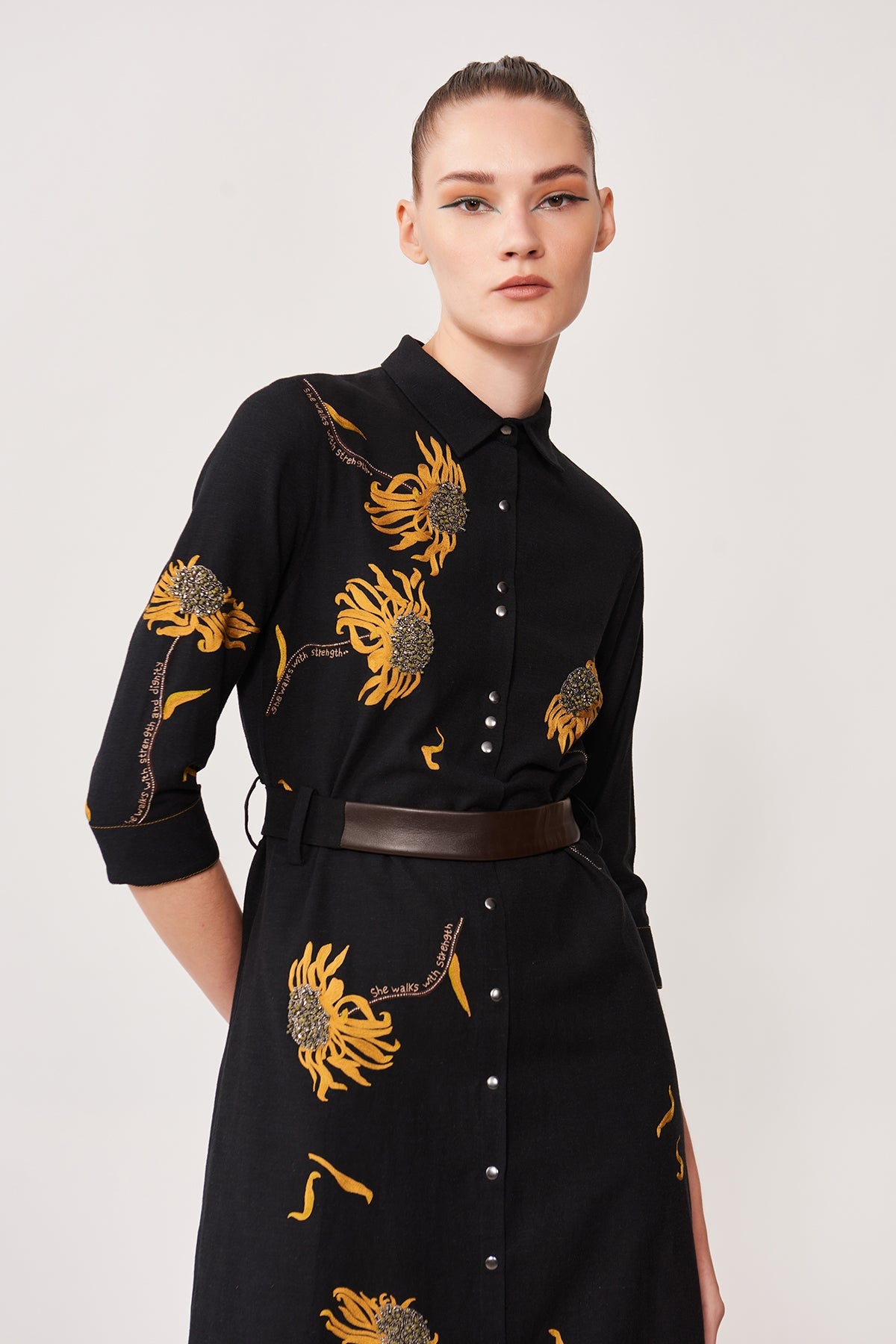 Withering Flower Long Shirt Dress With Belt