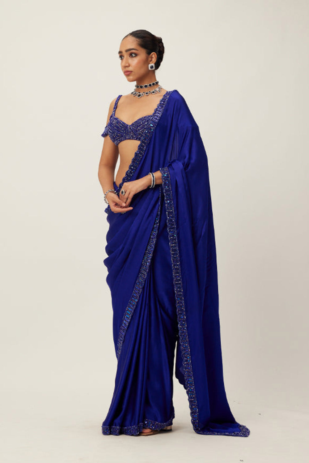 Cocktail Blue Satin Saree Set