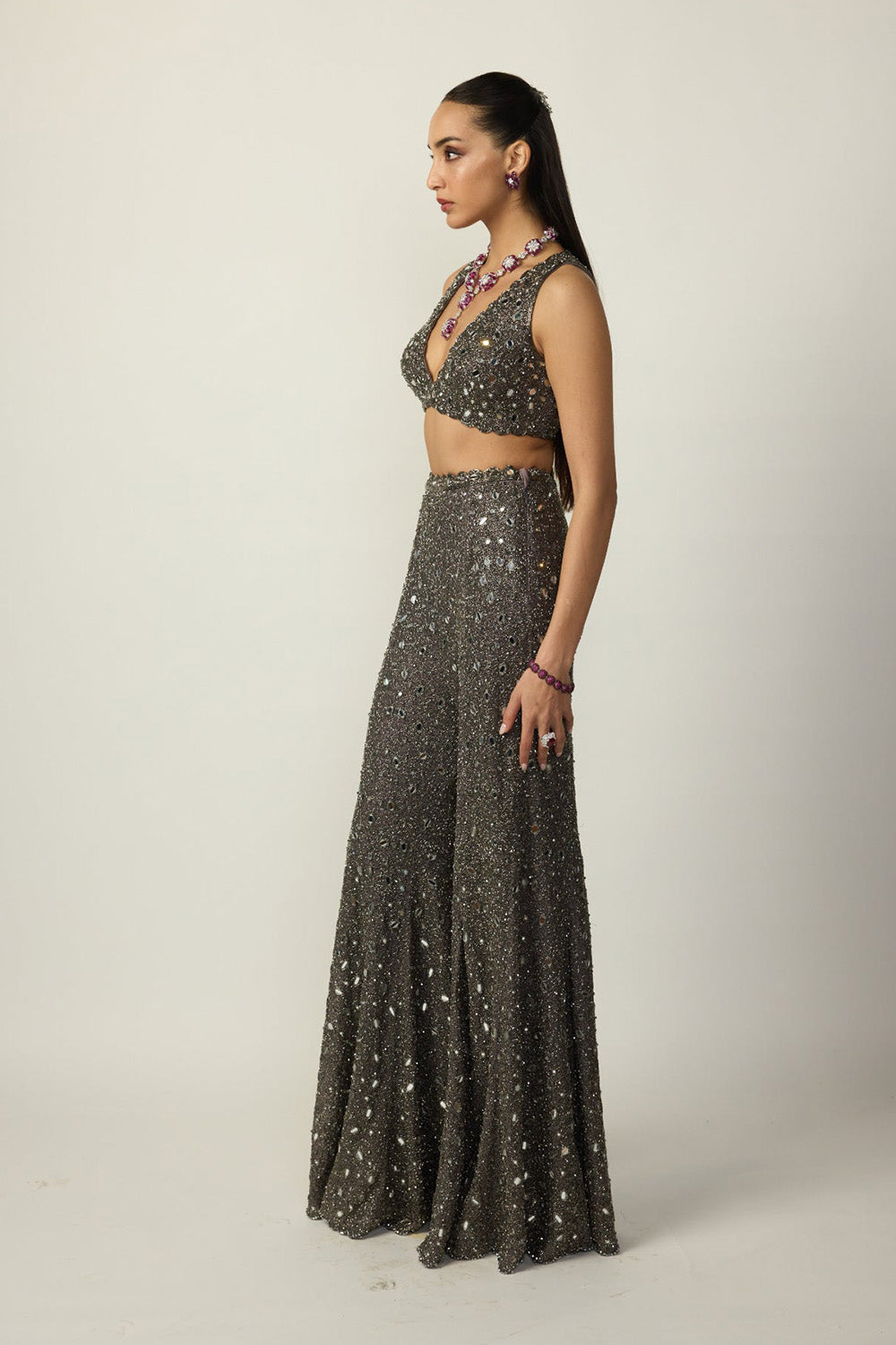 Metallic Grey Blouse Sharara Pant Set