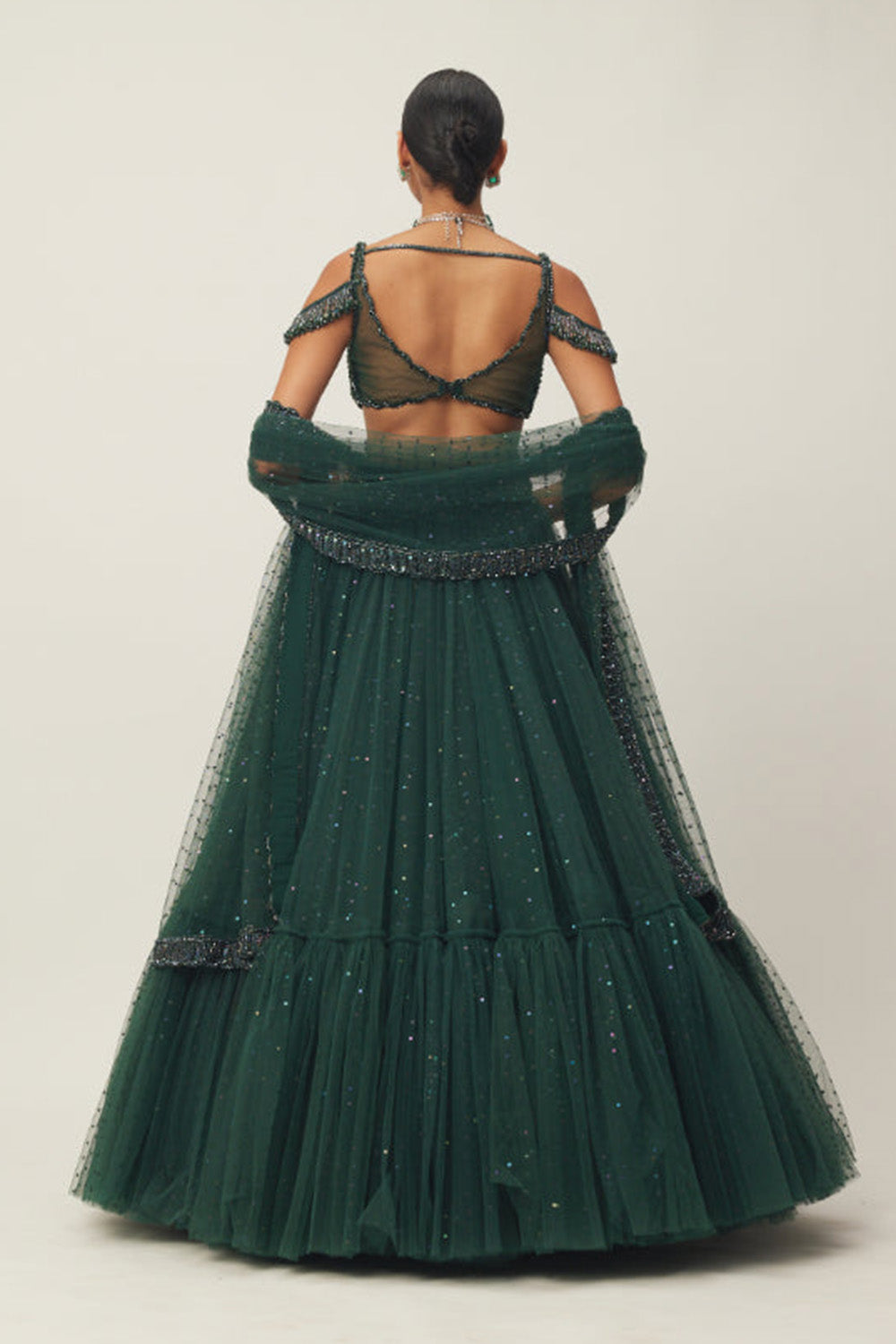 Dark Jade Green Sequins Scattered Tulle Lehenga Set