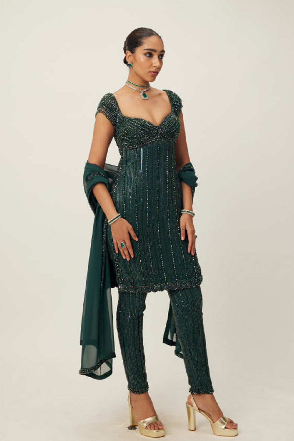 Dark Jade Green crystal Embellished Kurta Set