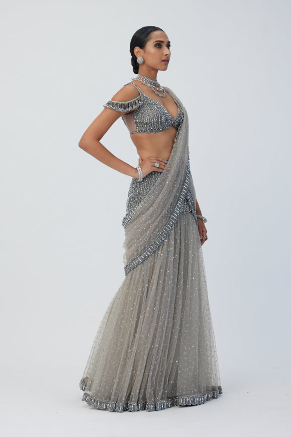 Crystal Grey Sequin Scattered Pre Draped Saree Set