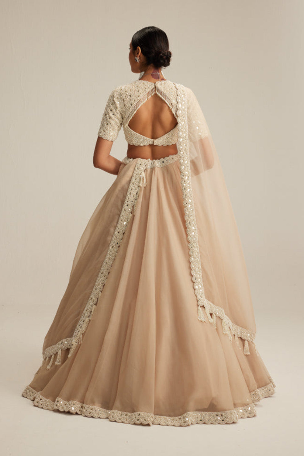 Light Beige High Neck Organza mirror and pearl lehenga set
