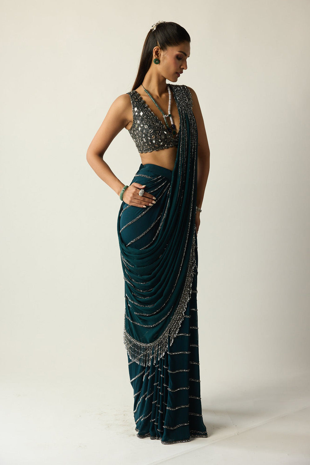 Dark Teal Linear Draped Saree