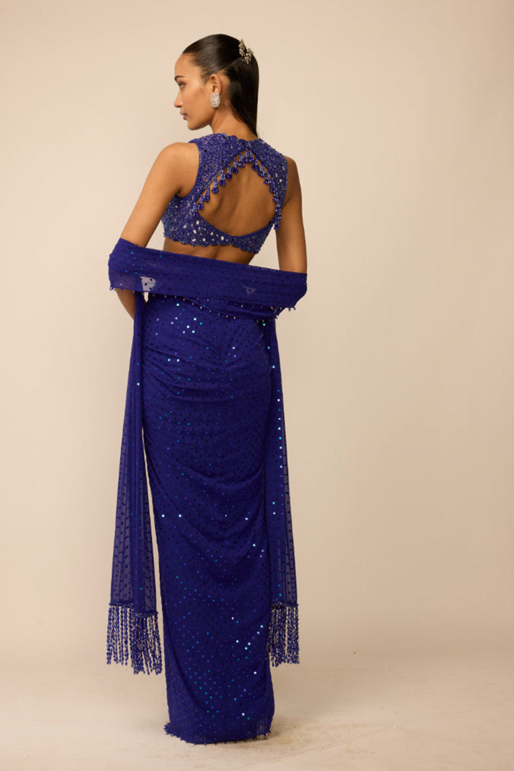 Cocktail Blue Sequins Embroidered Draped Skirt Set