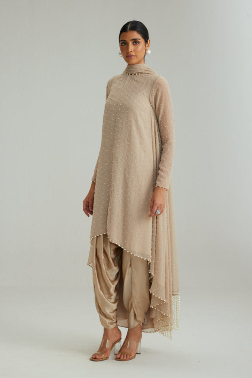 Light Beige pearl Kurta With Stole Set