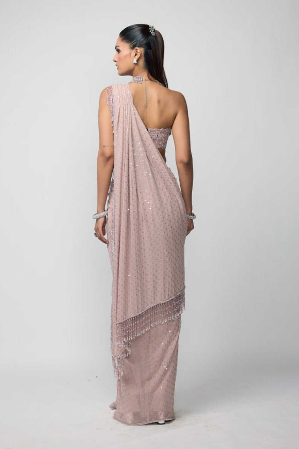 Ash Pink Draped Sequins Embroidered Skirt Set