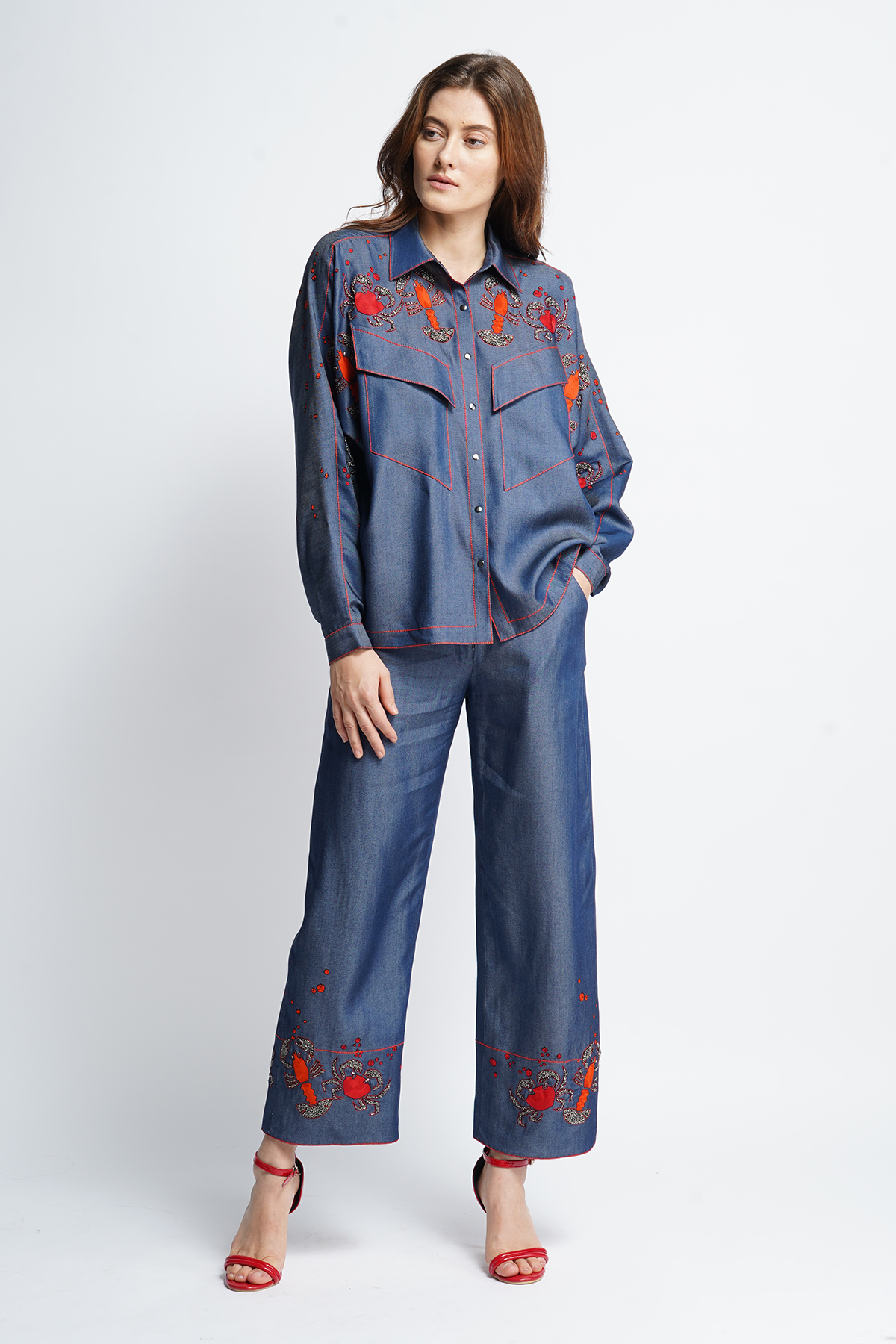 Crab And Prawns Slant Pocket Shirt With Matching Crop Flared Pants