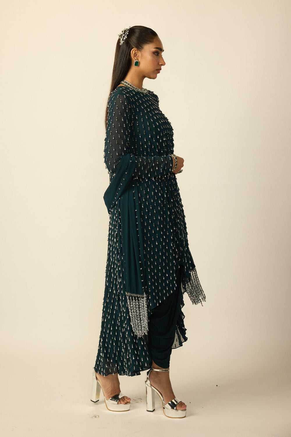 Dark Teal Silver Drop Kurta With Stole