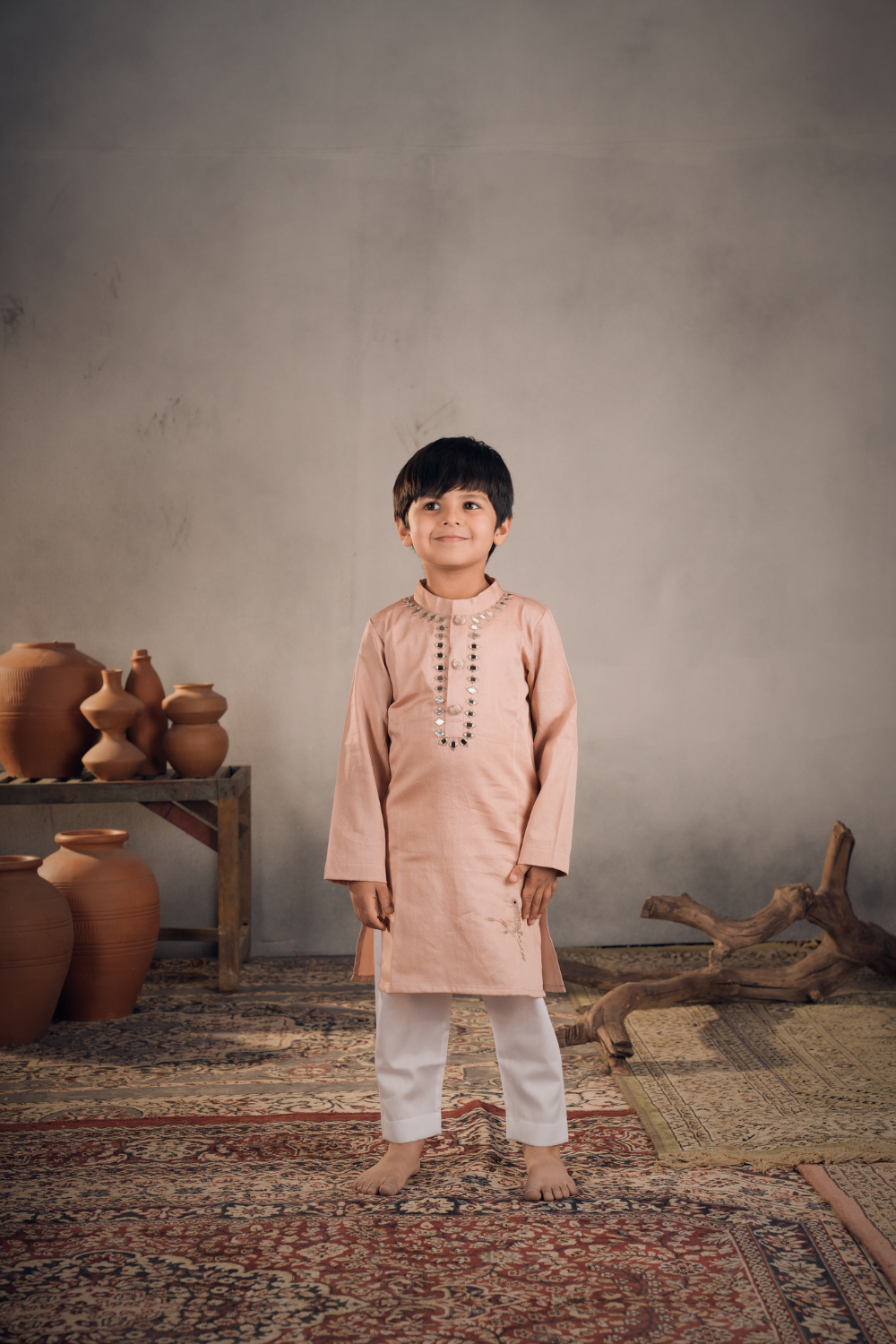 PEACH BIRD MIRROR WORK KURTA