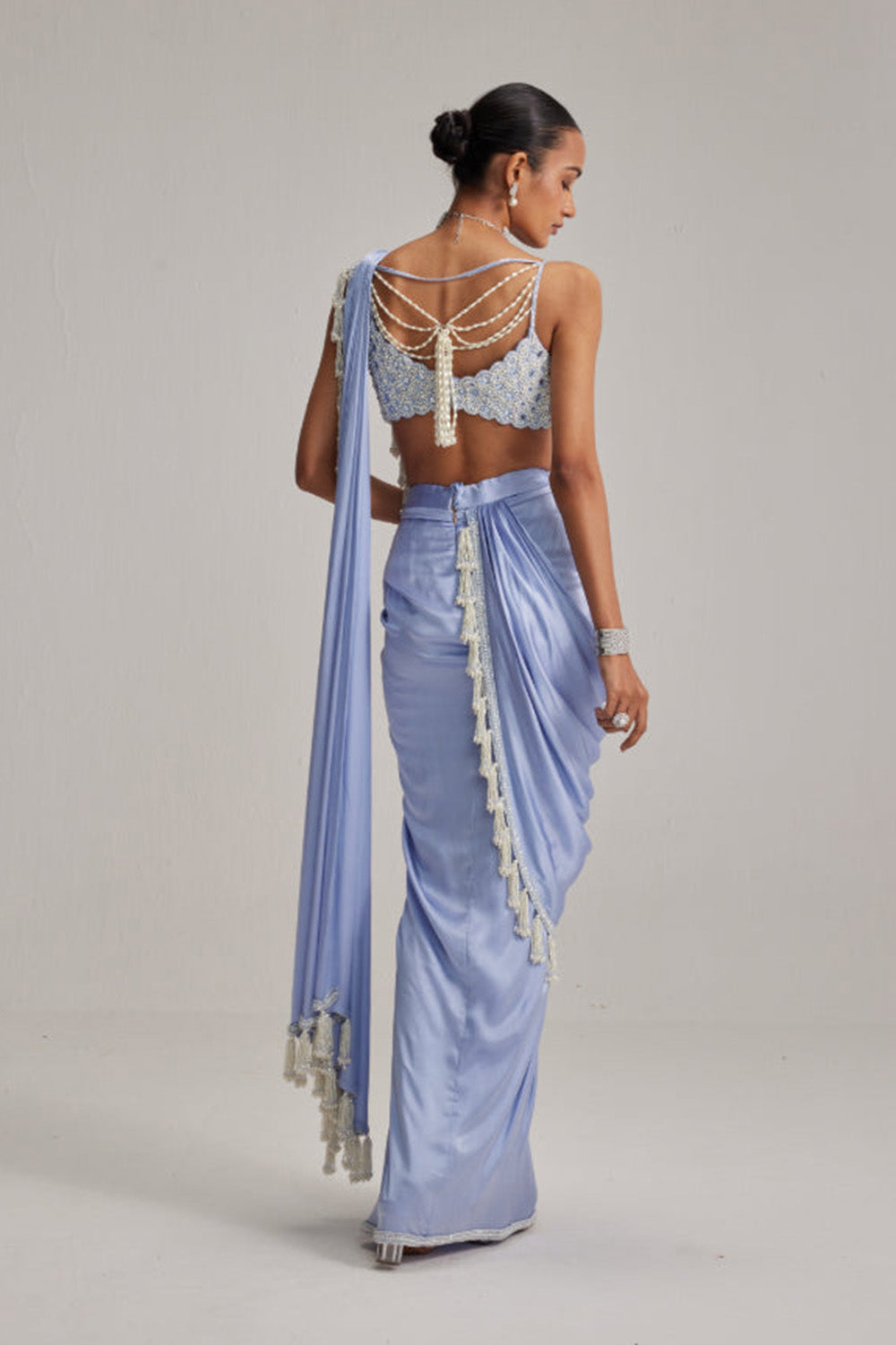 Dew Blue Satin Draped Saree Set