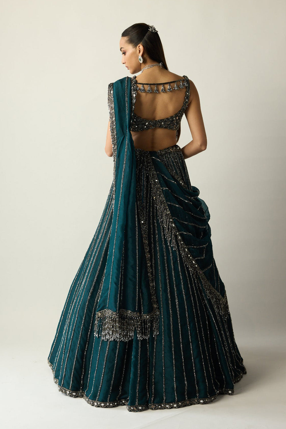 Dark Teal Linear Lehenga Set
