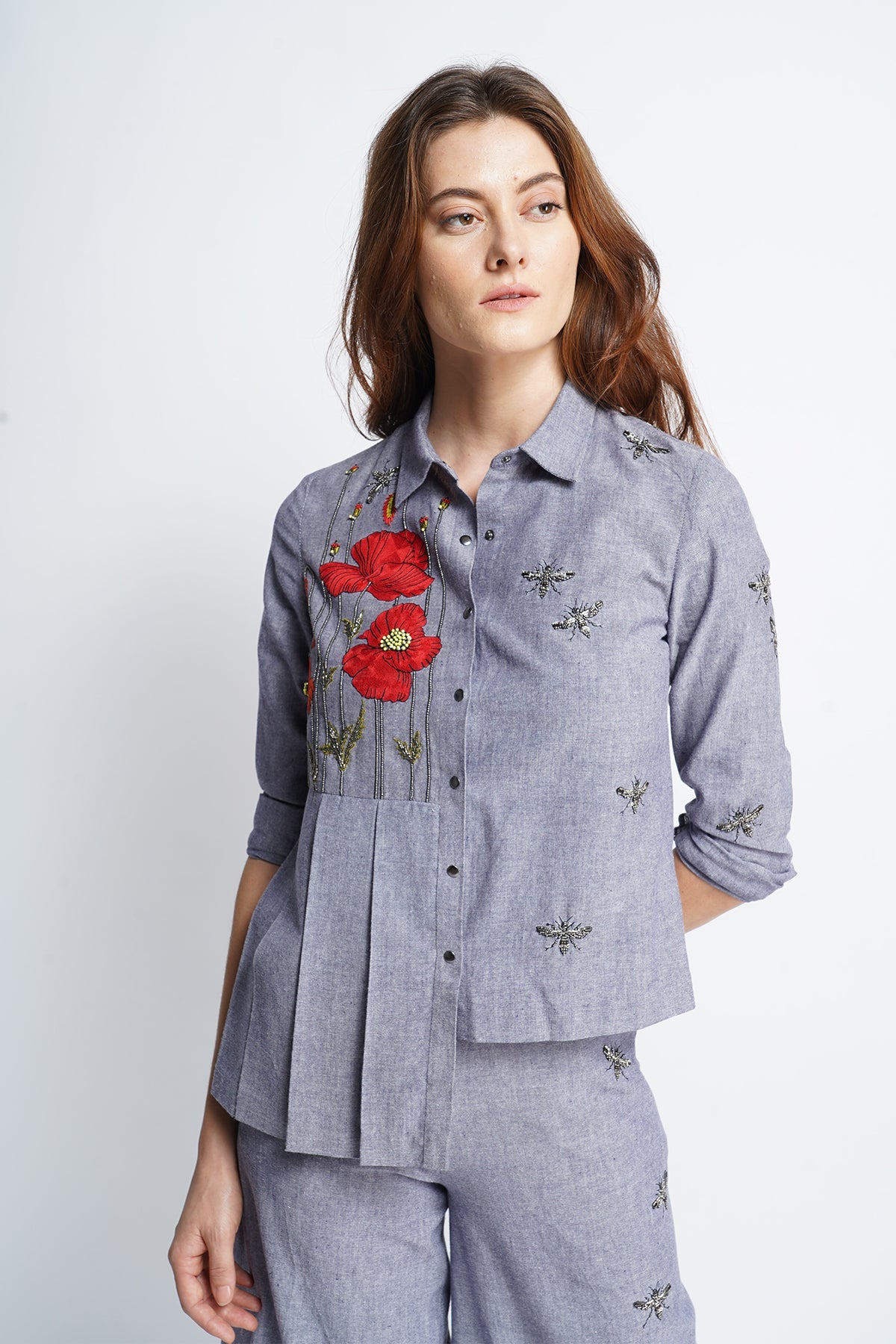 Poppy Garden Side Pleated Shirt with Matching Pants