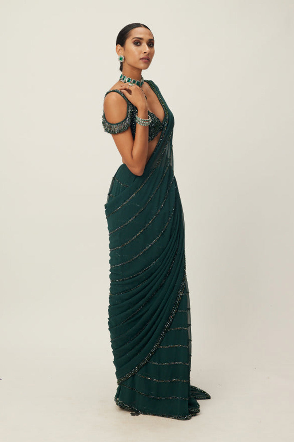 Dark Jade Green Crystal Linear Embroidered Saree