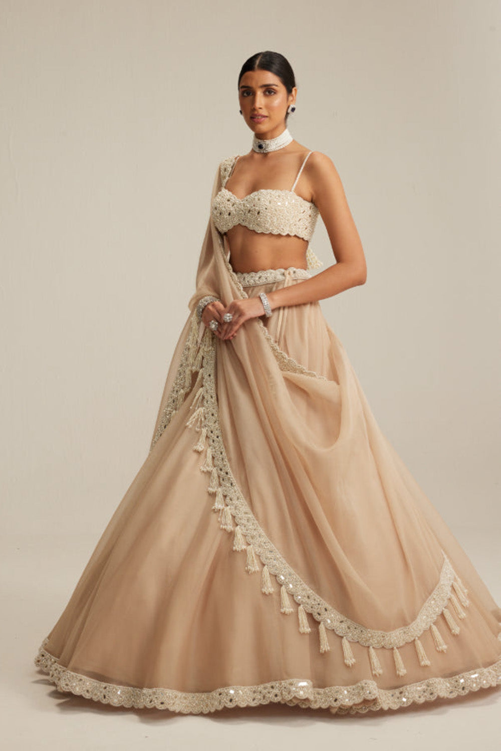 Light Beige Organza mirror and pearl lehenga set