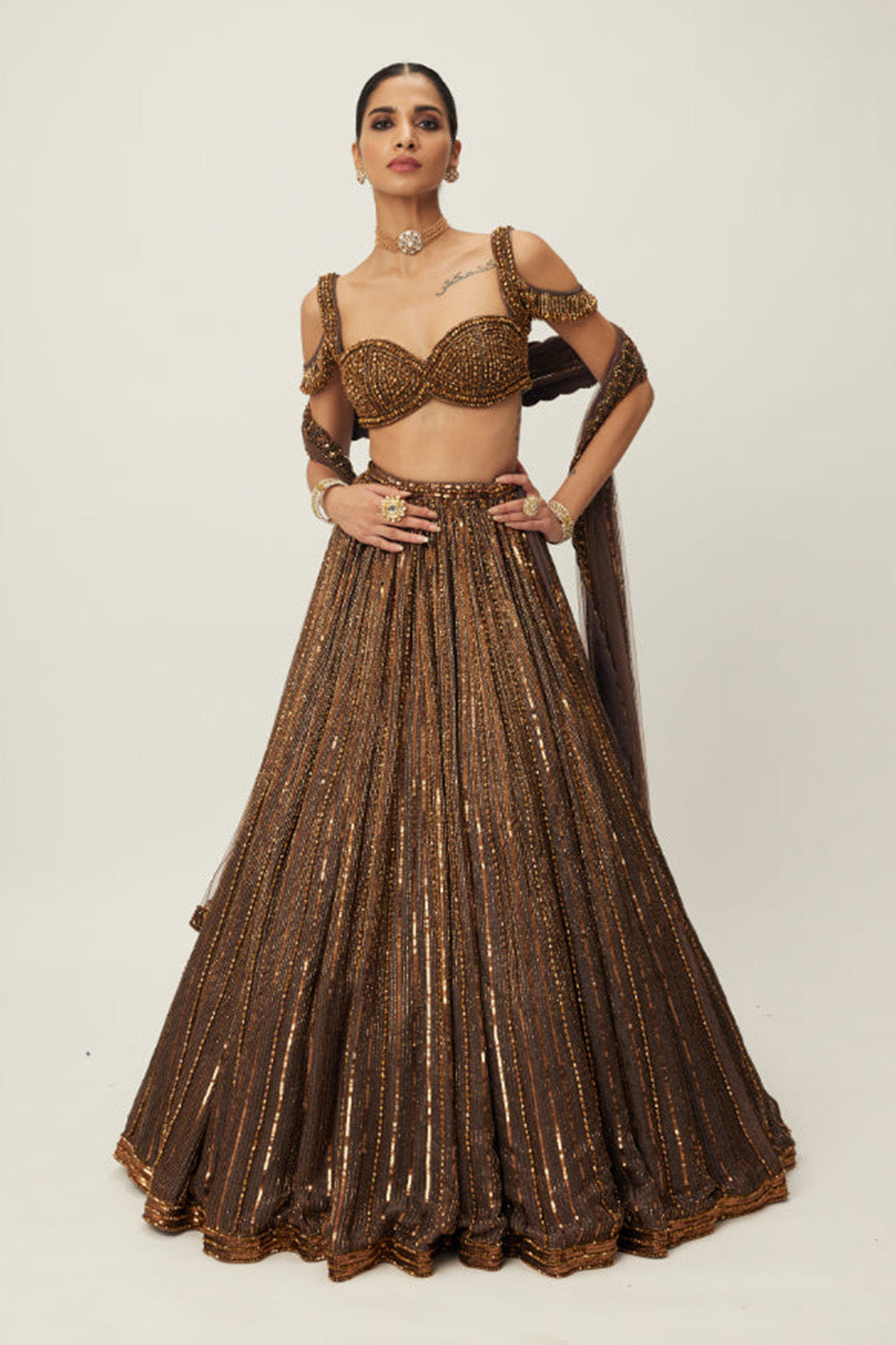 Copper crystal Linear embroidered Lehenga set