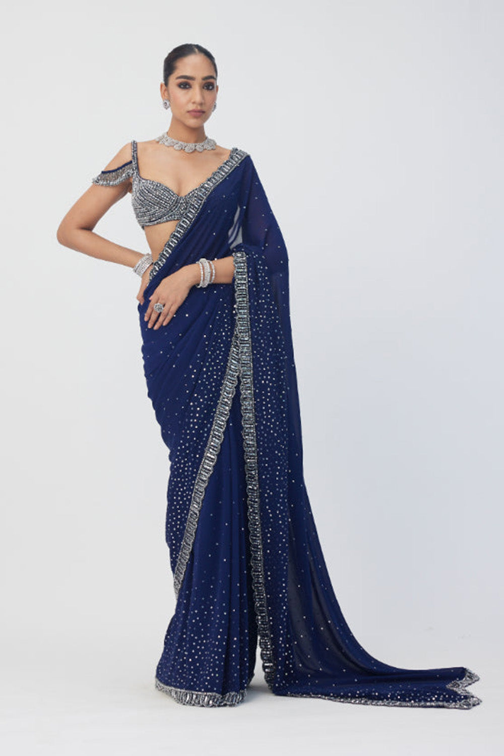 Deep Blue Sequins Embroidered Saree