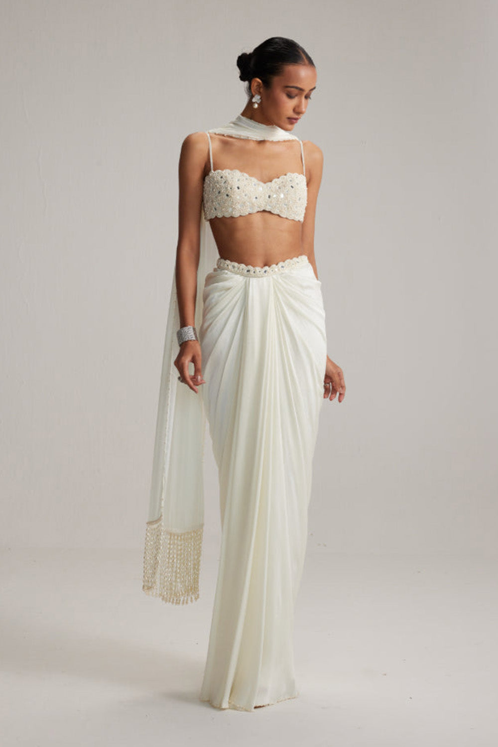 Off White Satin Draped Skirt Set