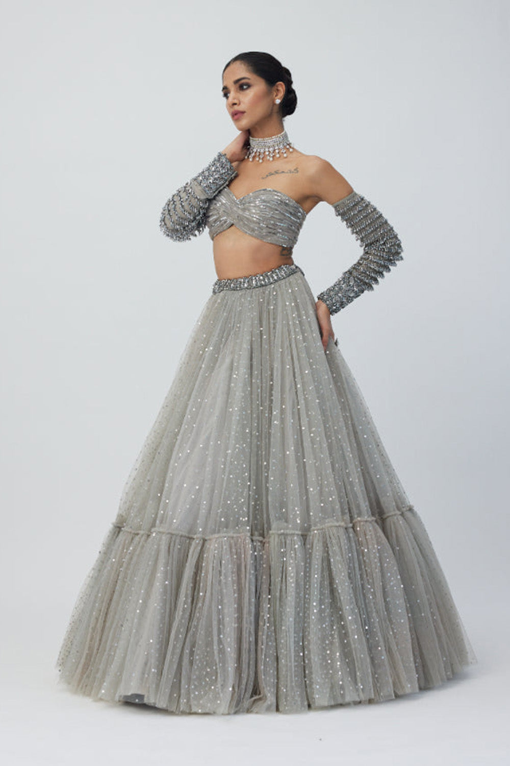 Crystal Grey Tulle Lehenga Set