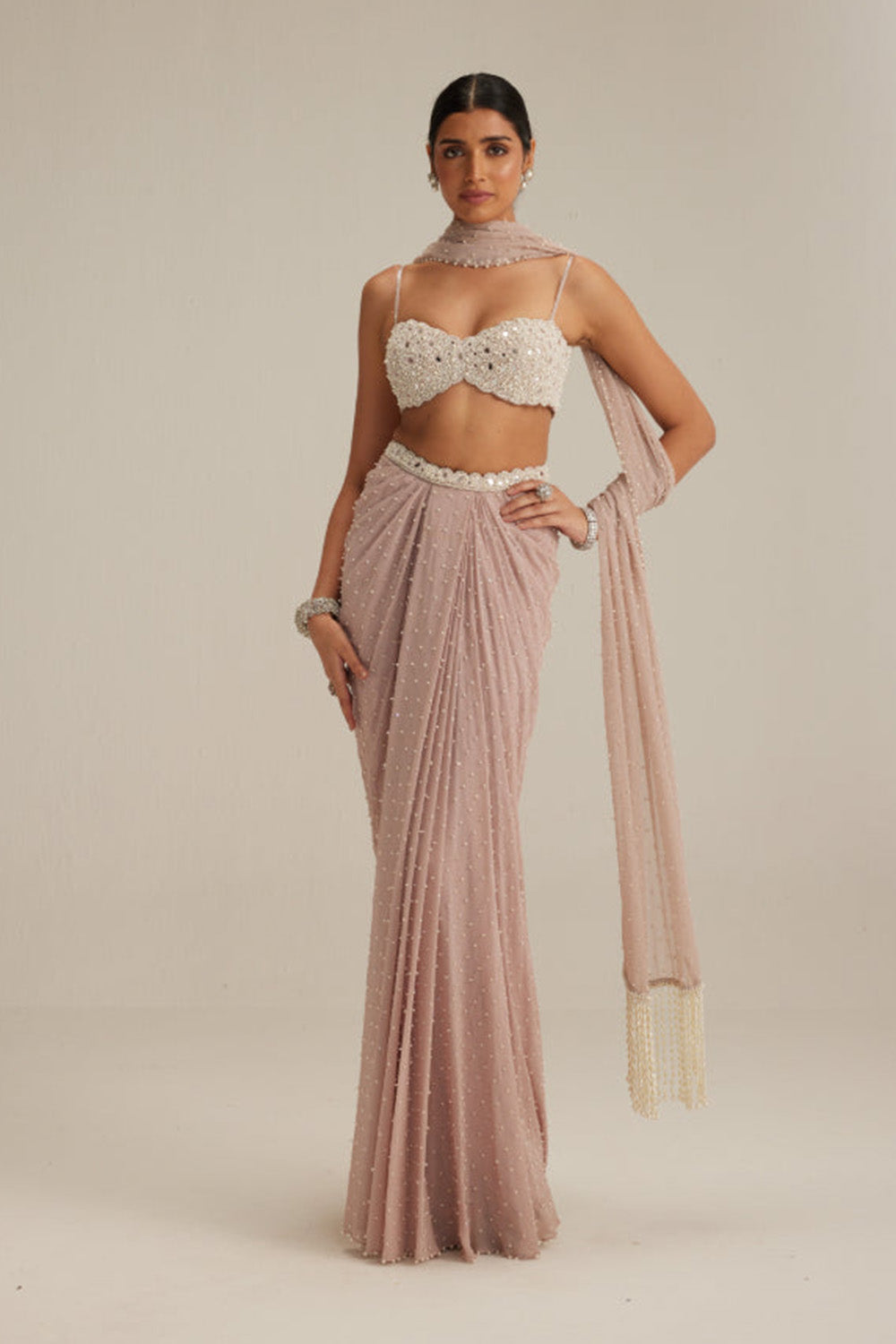 Ash pink Pearl Scattered draped skirt set