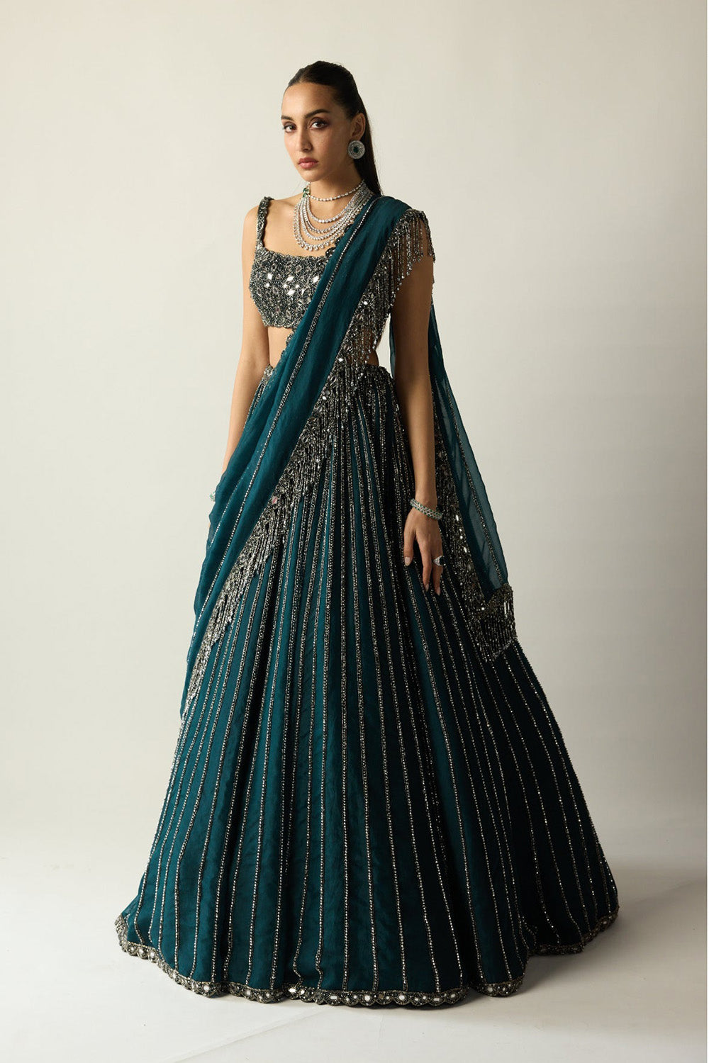 Dark Teal Linear Lehenga Set