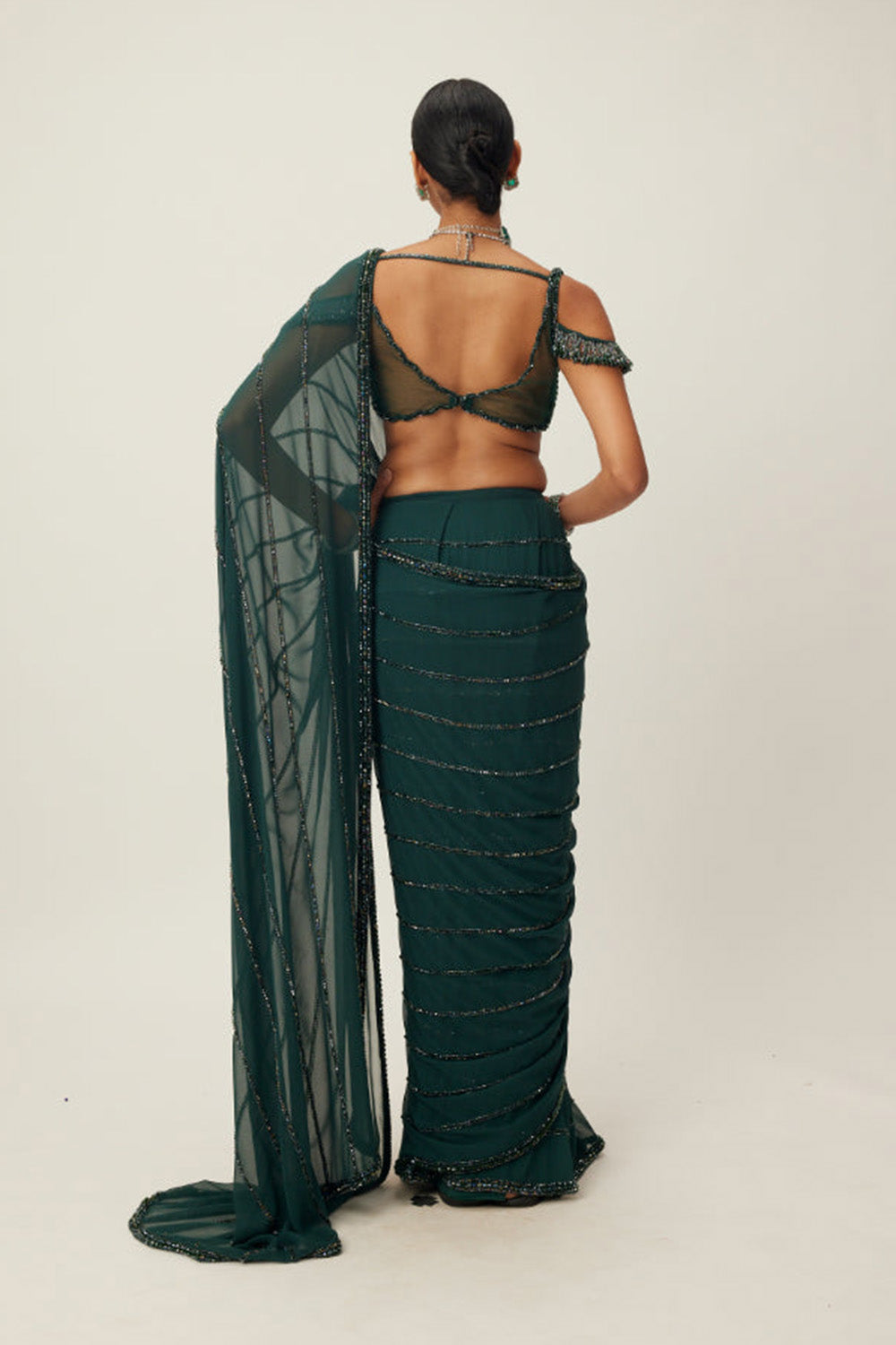 Dark Jade Green Crystal Linear Embroidered Saree