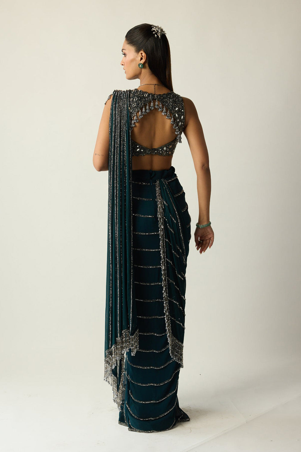 Dark Teal Linear Draped Saree