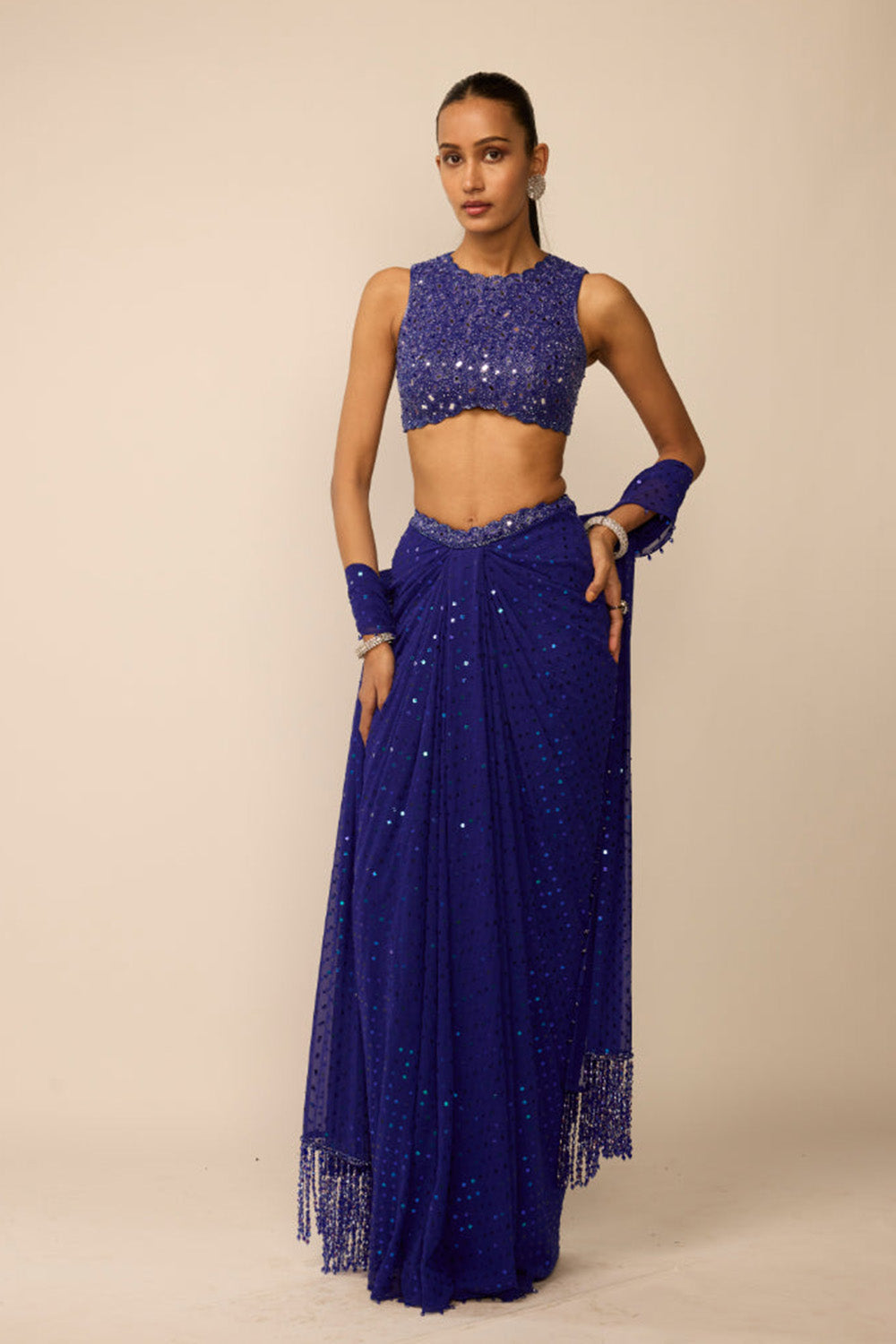 Cocktail Blue Sequins Embroidered Draped Skirt Set