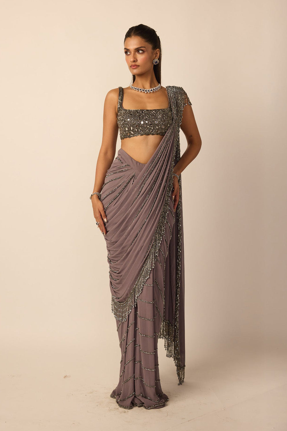Metallic Grey Linear Draped Saree