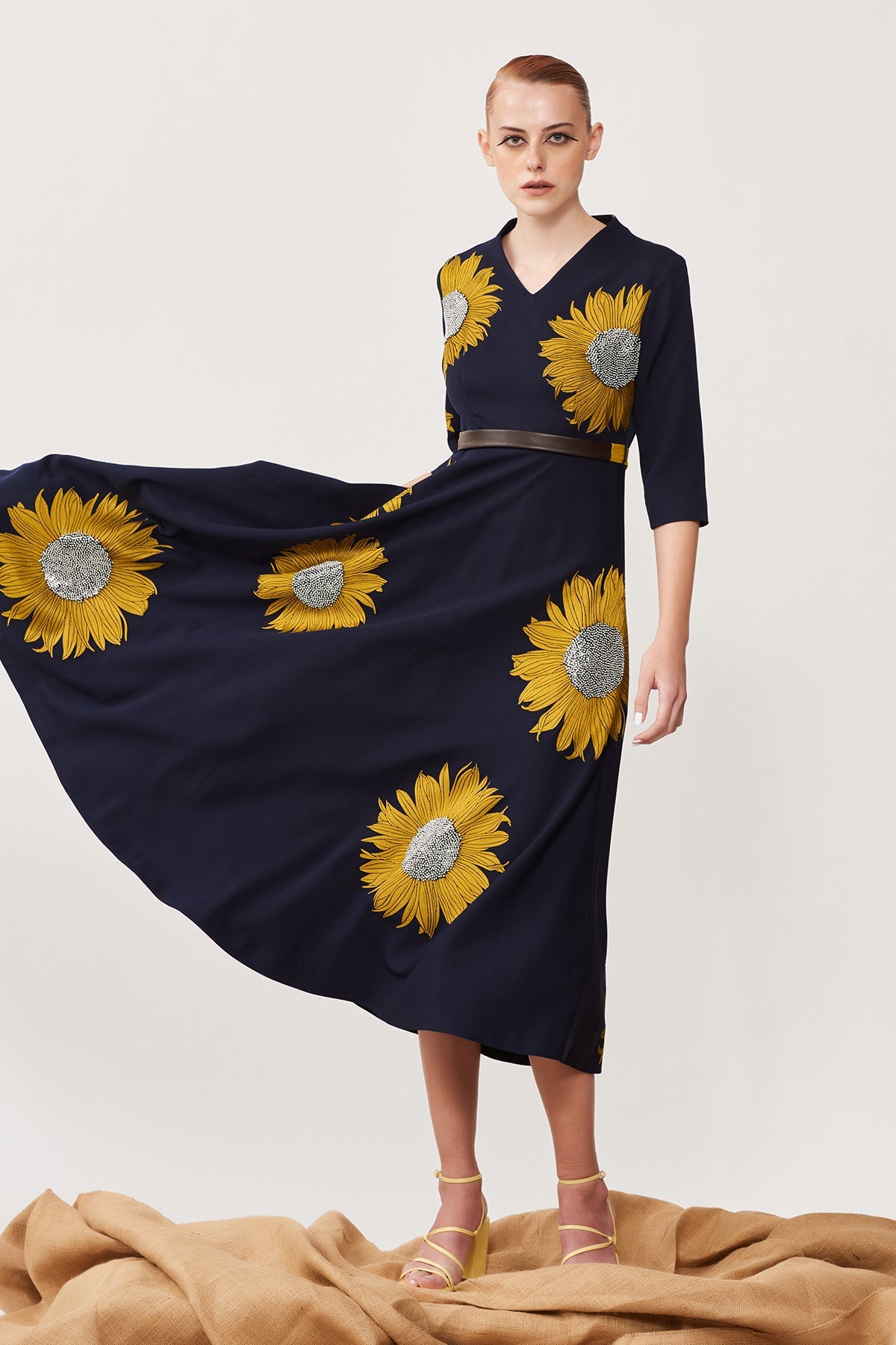 Sunflower Circular Midi Dress With Belt
