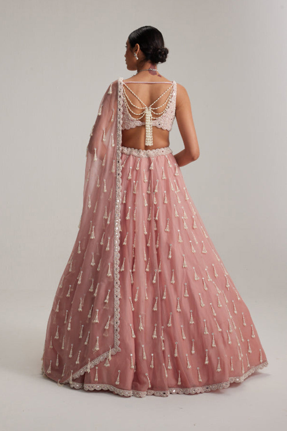 Dusty Rose Organza Long pearl tassels lehenga set