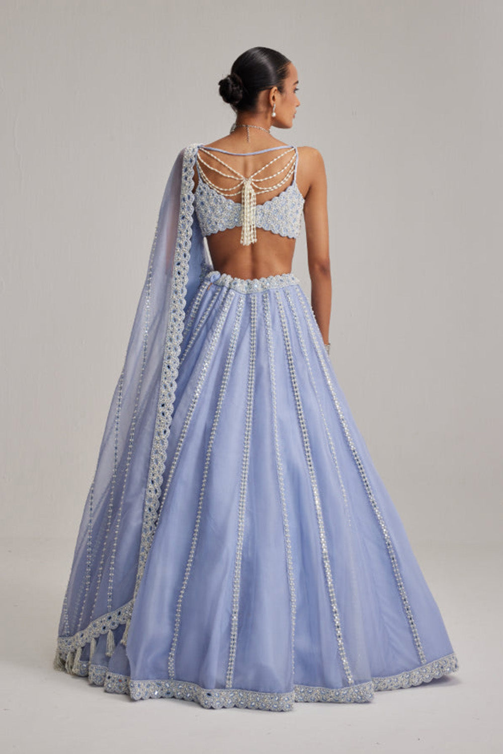 Dew Blue linear Mirror Organza Lehenga Set