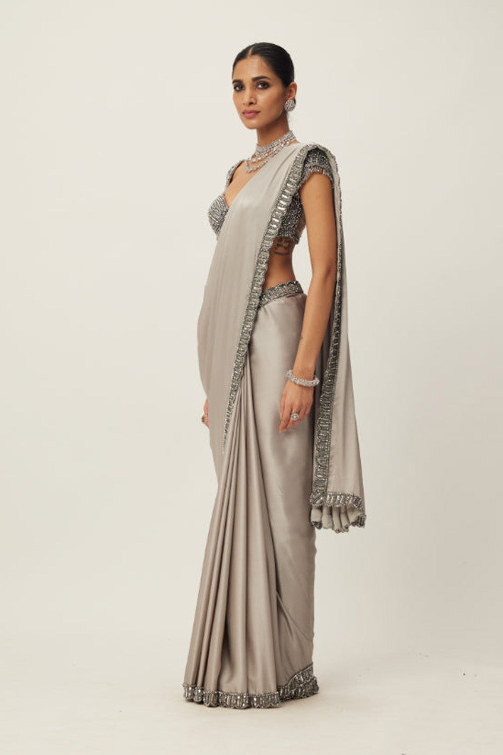 Crystal Grey Satin Saree Set