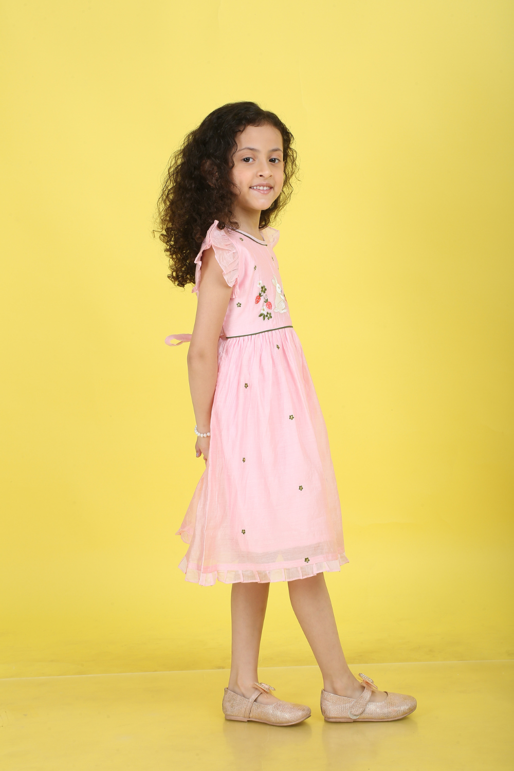 PEACH RABBIT EMBROIDERY DRESS