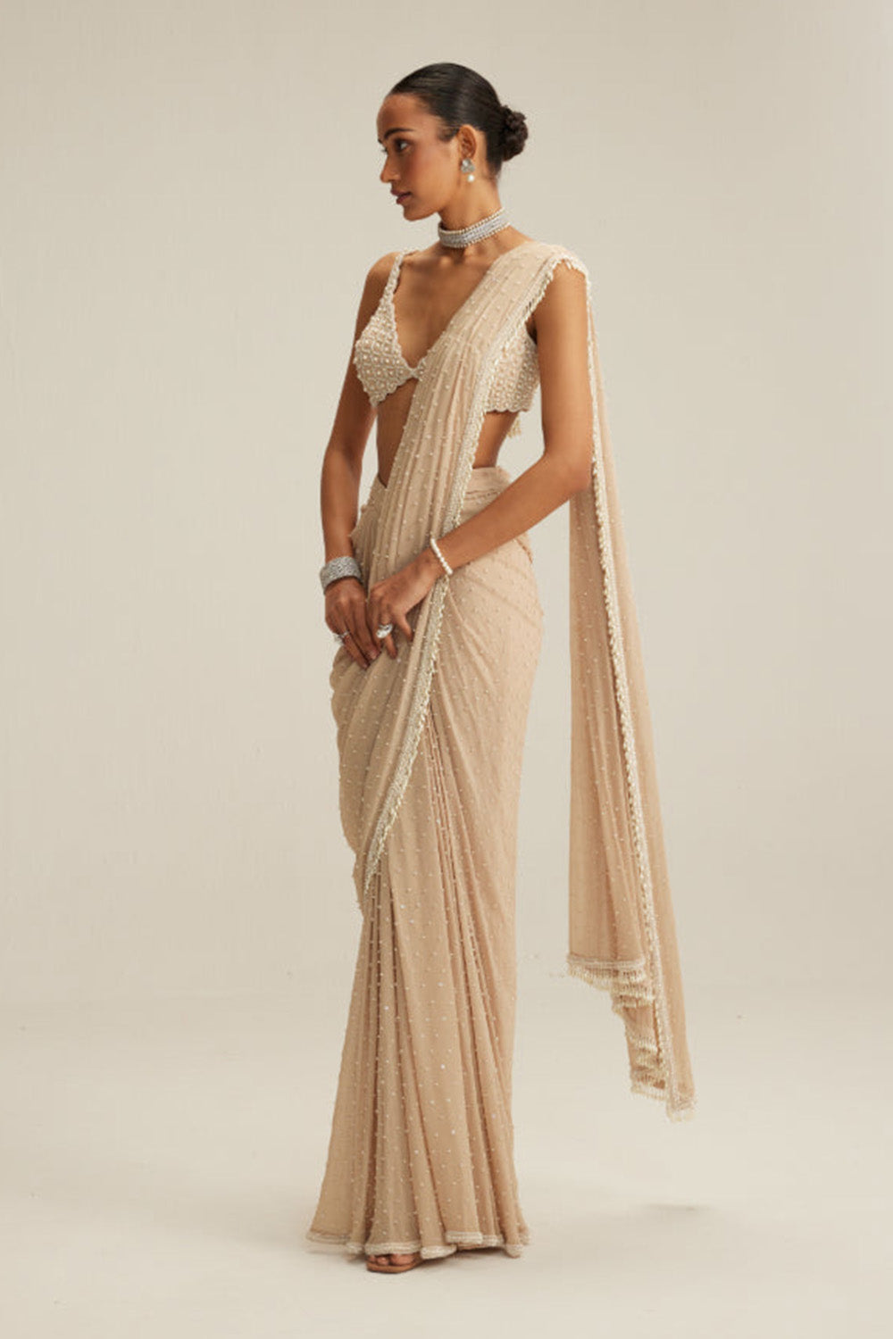 Light Beige Draped Saree Set
