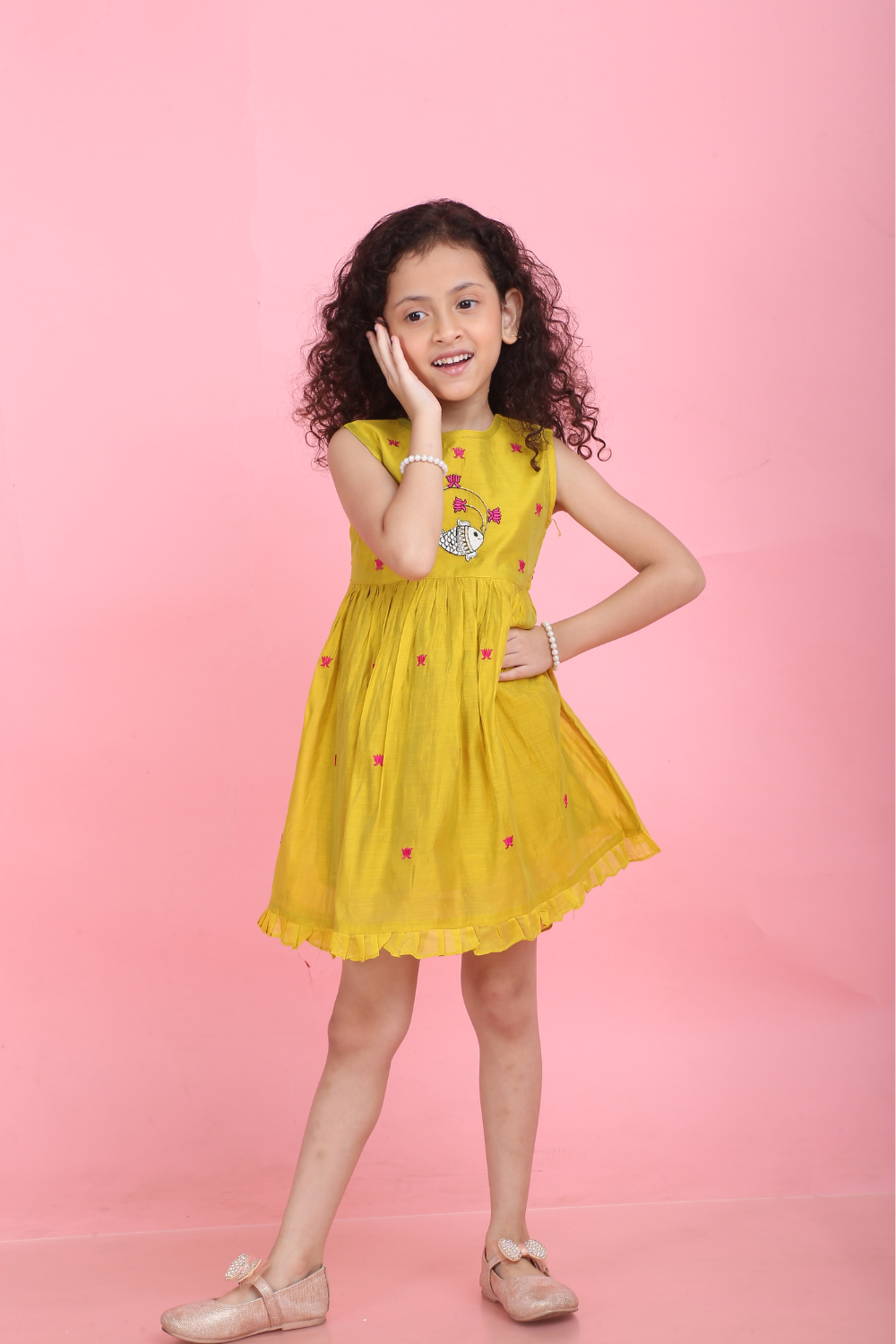 MUSTARD PICHWAI FISH AND LOTUS DRESS