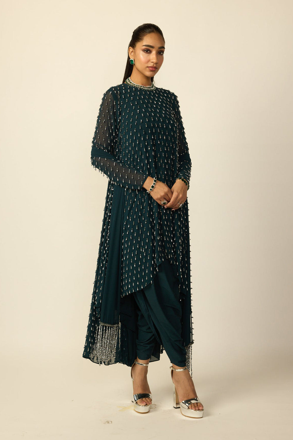 Dark Teal Silver Drop Kurta With Stole